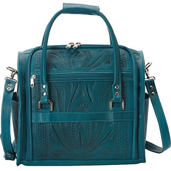 ROPIN WEST VANITY TRAVEL BAG CASE GENUINE HAND TOOLED LEATHER TURQUOISE GREEN - Picture 1 of 13
